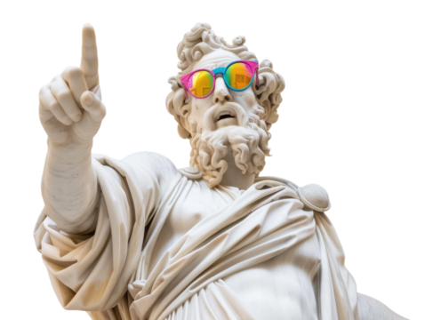 Ancient Greek statue pointing finger, wear colorful sunglasses
