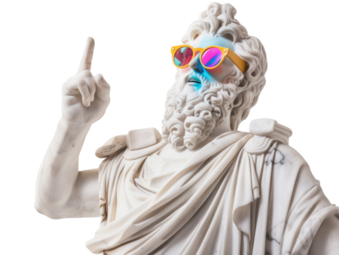 Ancient Greek statue pointing finger, wear colorful sunglasses