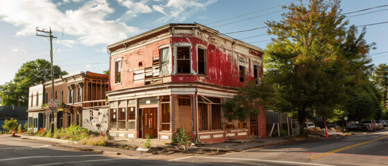 Abandoned red brick building on a street corner with trees and clear sky. Urban decay scene. Design for poster, banner