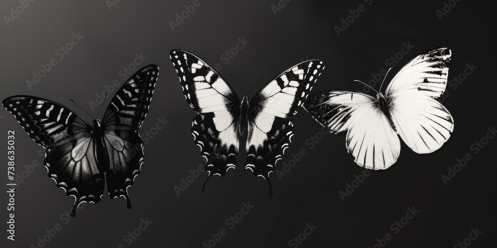 Poster three black and white butterflies are captured on a black background. this image can be used for var