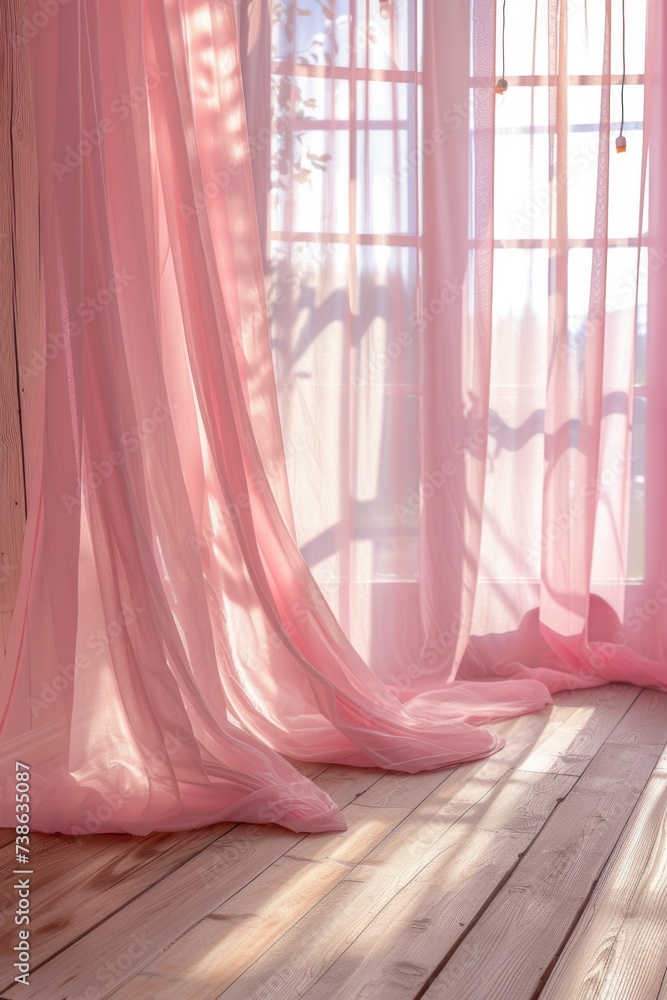 Poster A room with a pink curtain and a window. Perfect for adding a touch of elegance and natural light to any space