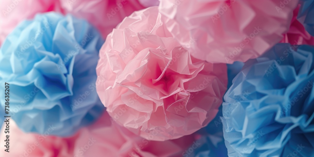 Poster colorful tissue pom poms in pink and blue. great for party decorations or adding a festive touch to 