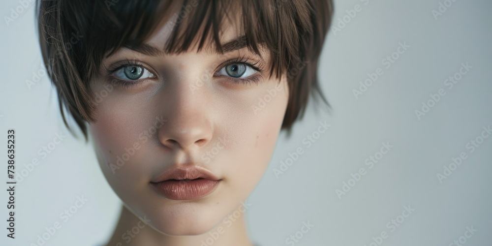 Poster a close up view of a woman with short hair. this image can be used in various contexts