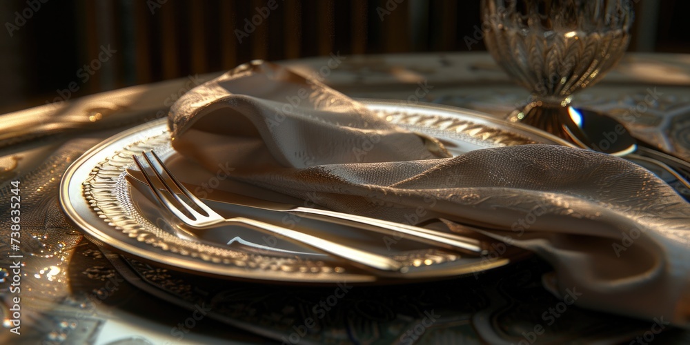 Poster a silver plate topped with a napkin and silverware. perfect for elegant dining or formal occasions