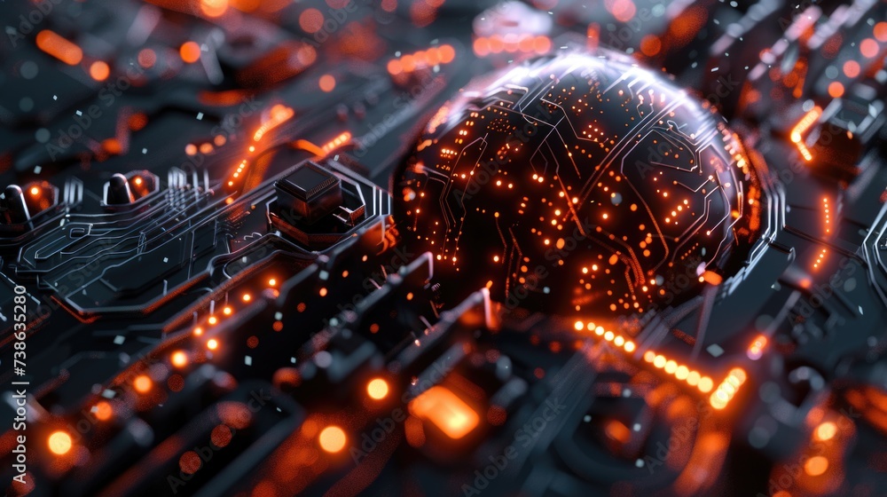 Poster A computer circuit board with a mesmerizing glowing sphere in the center. Perfect for technology-related projects and futuristic concepts