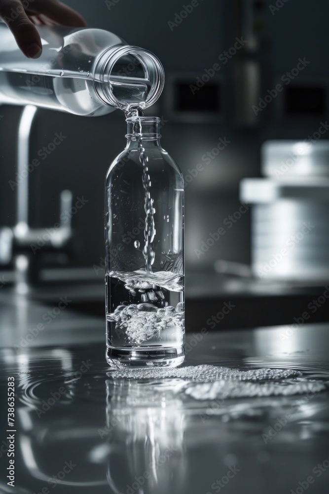 Aufkleber a person is pouring water into a glass bottle. this image can be used to showcase hydration, eco-fri