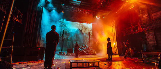 Theatrical performance, actors illuminated by bright stage lighting. The concept of theatrical art