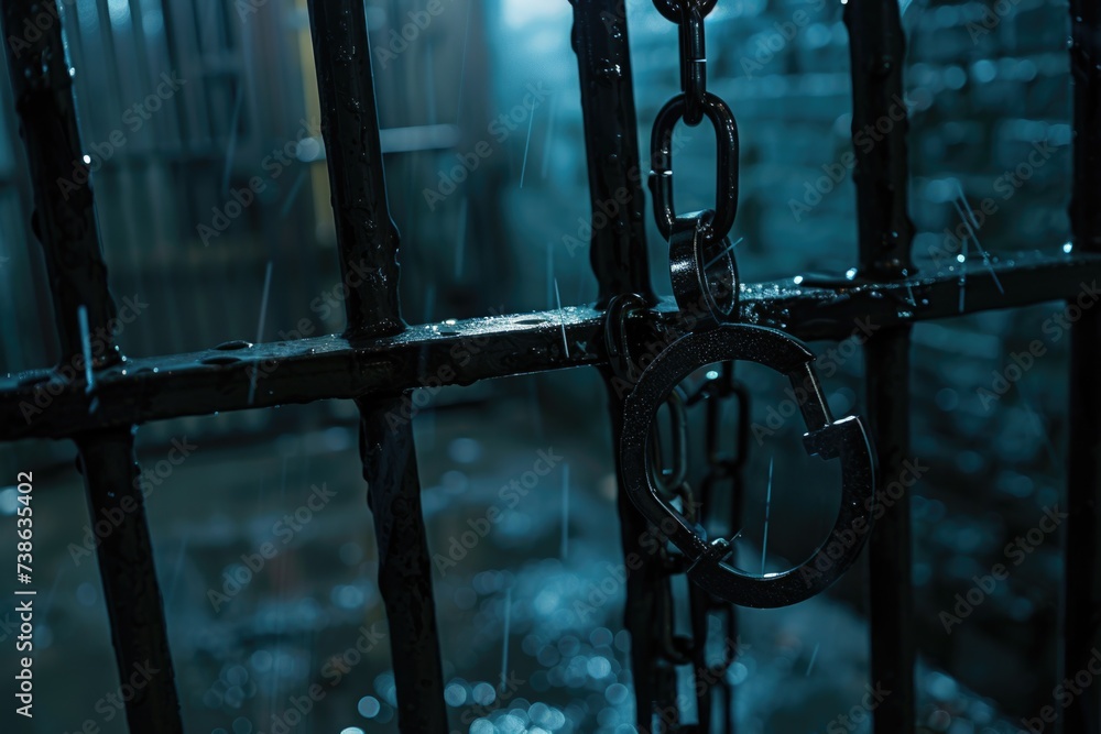 Poster a detailed view of a chain on a fence. this image can be used to represent security, boundaries, or 