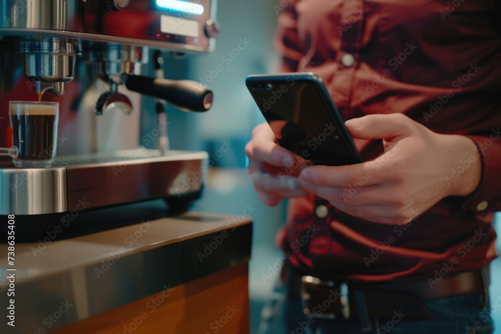 Poster A person using a cell phone while standing in front of a coffee machine. This image can be used to illustrate modern technology and convenience in daily life