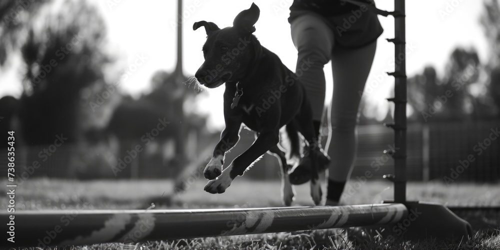 Poster a dynamic black and white photo capturing a dog in mid-air as it jumps over a hurdle. perfect for sp