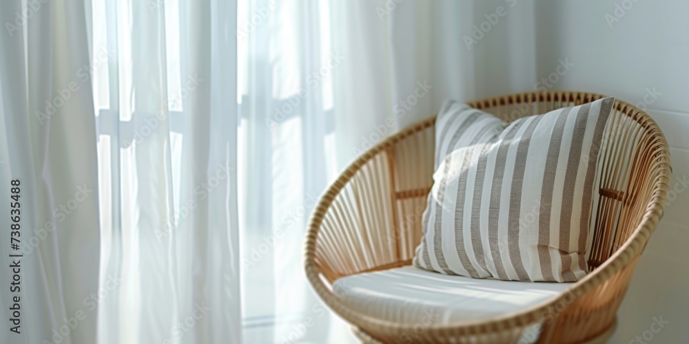 Poster a wicker chair with a striped pillow placed in front of a window. this image can be used to depict a