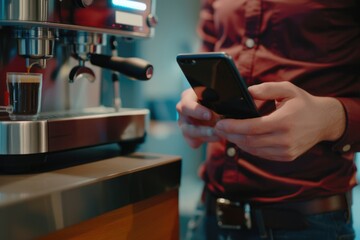 A person using a cell phone while standing in front of a coffee machine. This image can be used to illustrate modern technology and convenience in daily life