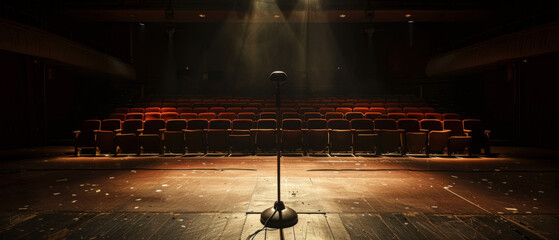 Empty Stage with Single Microphone, Theatrical Ambience and Anticipation. The concept of theatrical art