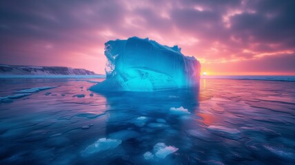 As the sun sets behind the clouds, a majestic iceberg stands tall in the tranquil ocean, creating a stunning seascape of natural beauty and wonder