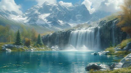 A serene autumn scene of a majestic waterfall cascading into a peaceful lake surrounded by snow-capped mountains and lush trees