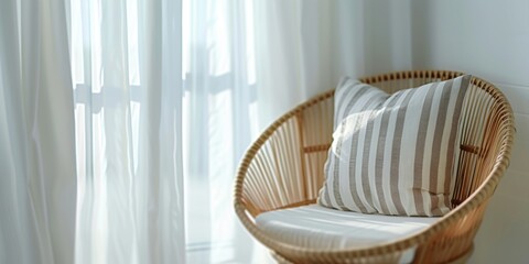 A wicker chair with a striped pillow placed in front of a window. This image can be used to depict a cozy corner or a comfortable seating area near a window