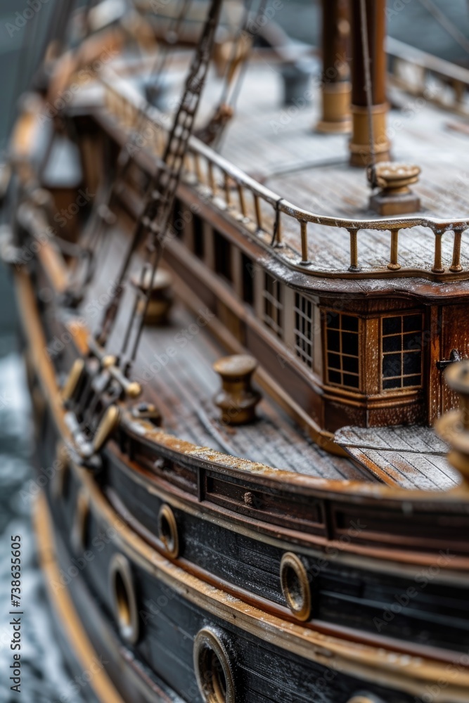 Poster a model ship on a calm body of water. suitable for nautical themes and maritime concepts