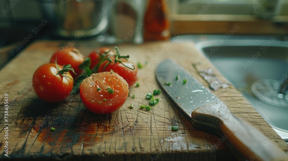 Poster a wooden cutting board with fresh tomatoes and a sharp knife. perfect for food preparation or cookin
