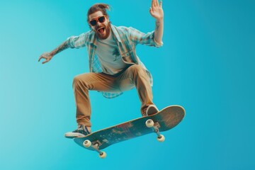 A man is captured in action as he performs a trick on a skateboard. This dynamic image can be used to showcase skateboarding skills and the thrill of extreme sports