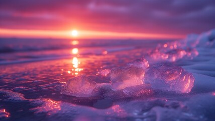 The fiery sun dips below the horizon, casting a warm glow on the frozen waves as they crash against the cold sand of the winter beach - obrazy, fototapety, plakaty