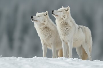 Obraz premium Two majestic wolves, their white coats blending with the snowy landscape, stand strong and free in the harsh winter, embodying the untamed spirit of the wild