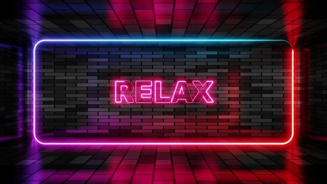 Neon sign relax in speech bubble frame on brick wall background 3d render. Light banner on wall background. Relax loop take it easy and enjoy, design template, night neon signboard