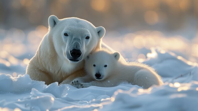 A majestic polar bear and her curious cub rest in the serene winter wonderland, showcasing the resilience and beauty of these iconic arctic mammals