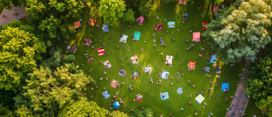 Aerial View of Community Picnic in Park, Colorful Blankets on Green Landscape
