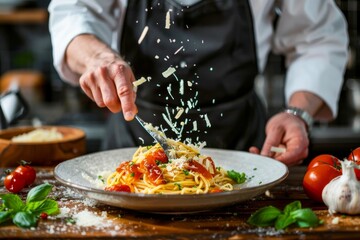 Chef cooking Italian pasta and adding parmesan cheese to the dish