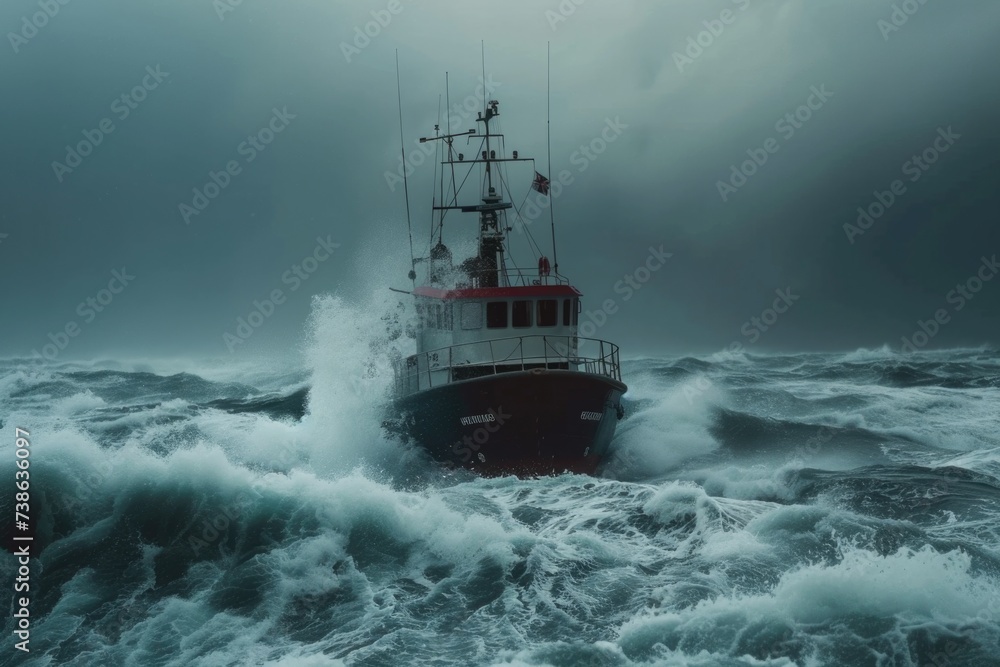 Poster a picture of a red and white boat navigating through rough waters. suitable for illustrating adventu