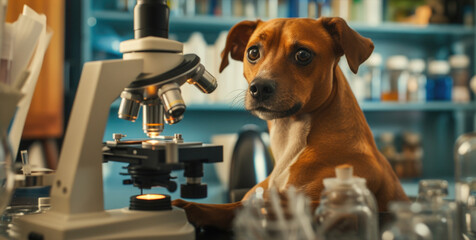 A dog sitting in front of a microscope, perfect for scientific or educational projects