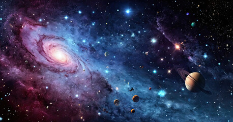 Panoramic view of space with a galaxy and stars. Universe filled with stars, nebula and galaxy.
