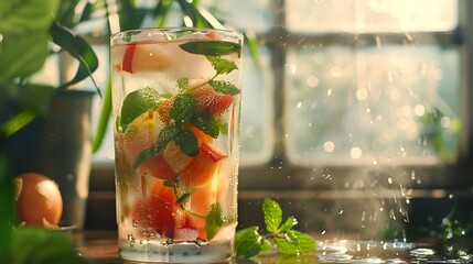 A refreshing agua fresca made with fresh fruit and herbs, condensation forming on the glass - obrazy, fototapety, plakaty