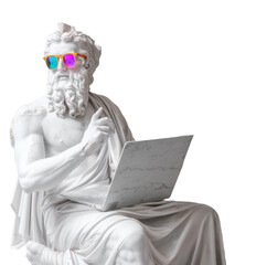 Marble Greek statue with laptop wear colorful sunglasses