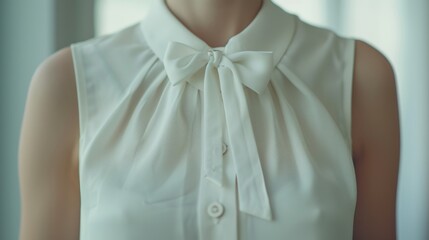 A woman wearing a white blouse with a large bow. Perfect for fashion or professional concepts