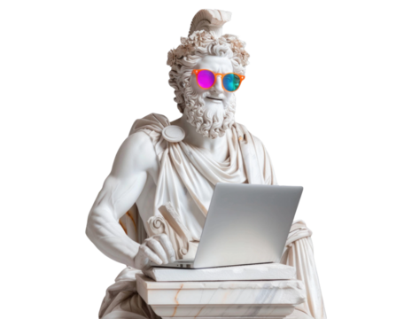 Marble Greek statue with laptop wear colorful sunglasses