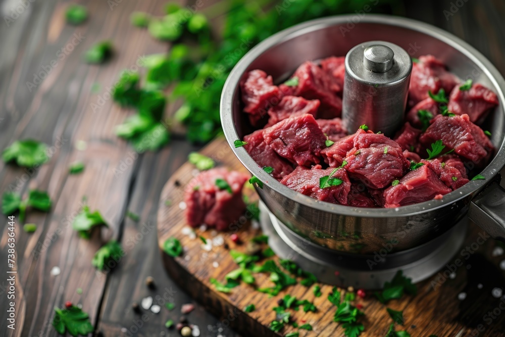 Poster a metal bowl filled with meat sits on top of a wooden cutting board. this versatile image can be use
