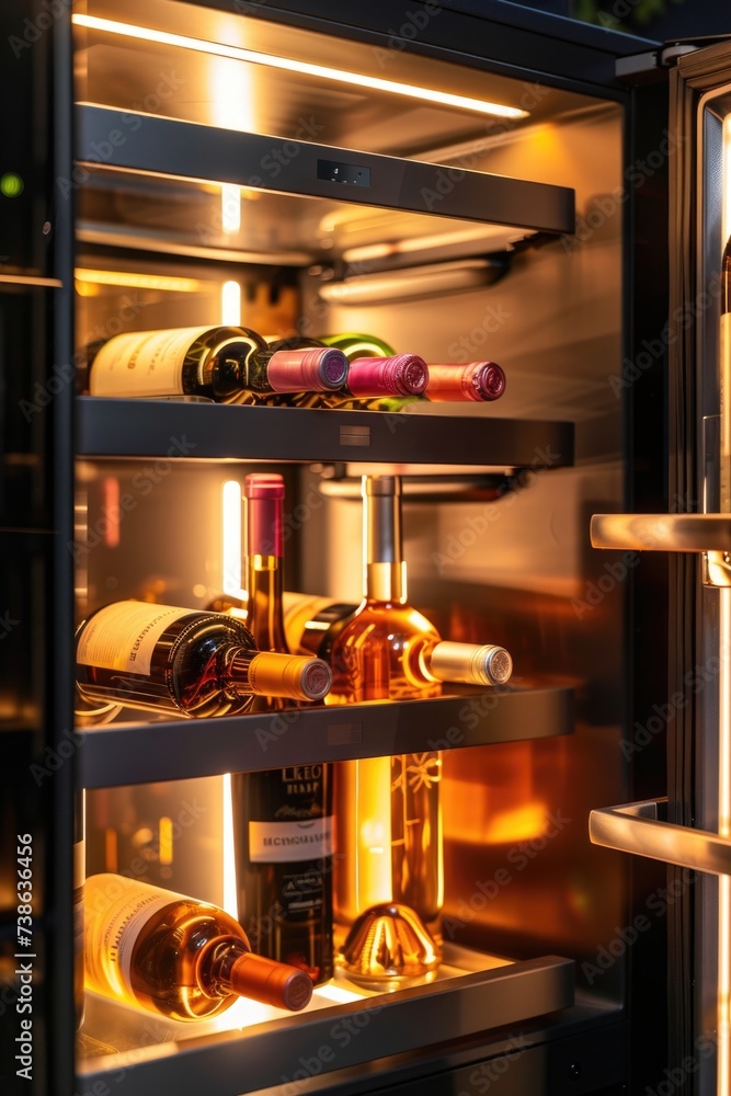 Poster a refrigerator filled with an assortment of wine bottles. perfect for showcasing a wine collection o