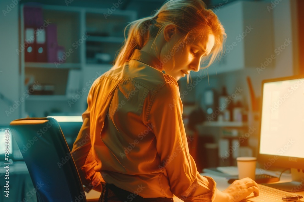 Poster Woman sitting in front of a computer on a desk. Suitable for technology-related content