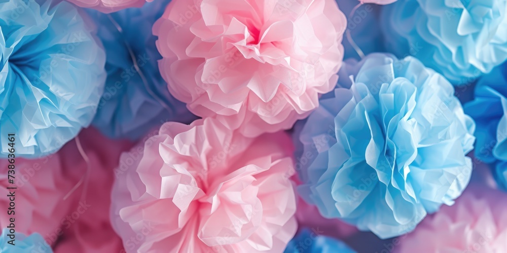 Poster colorful tissue pom poms in pink and blue. perfect for adding a fun and festive touch to any celebra