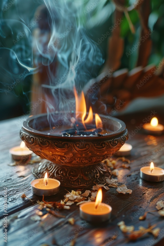Poster a group of lit candles sitting on top of a wooden table. perfect for creating a warm and cozy atmosp
