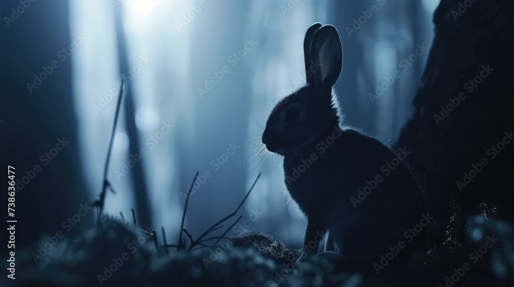 Poster a rabbit sitting calmly in the middle of a forest. suitable for nature-themed designs and illustrati