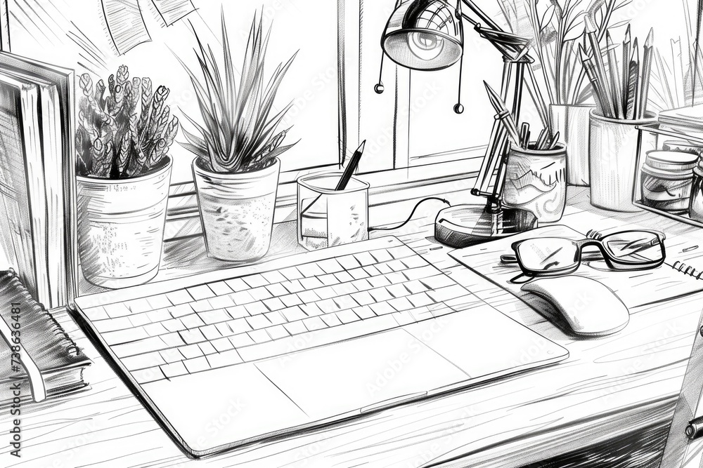 Aufkleber A drawing of a desk with a keyboard and a mouse. Suitable for illustrating computer workspaces or technology concepts