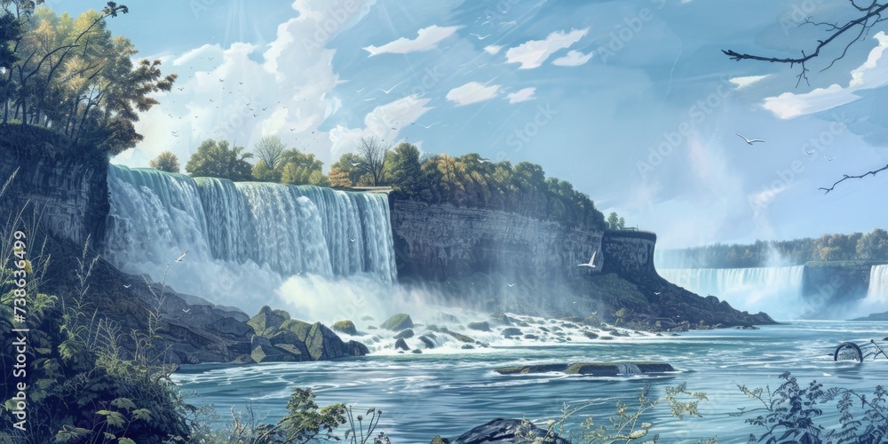 Poster A beautiful painting depicting a serene waterfall surrounded by lush green trees in the middle of a forest. This picture can be used to add a touch of nature and tranquility to any space