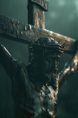 A close up view of a statue of Jesus on a cross. This powerful image can be used to depict religious themes and symbolize sacrifice