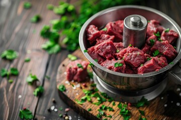 A metal bowl filled with meat sits on top of a wooden cutting board. This versatile image can be used to showcase various recipes or for food-related content