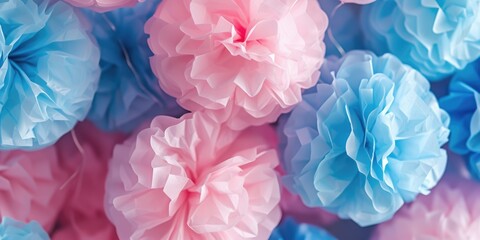 Colorful tissue pom poms in pink and blue. Perfect for adding a fun and festive touch to any celebration or event - obrazy, fototapety, plakaty