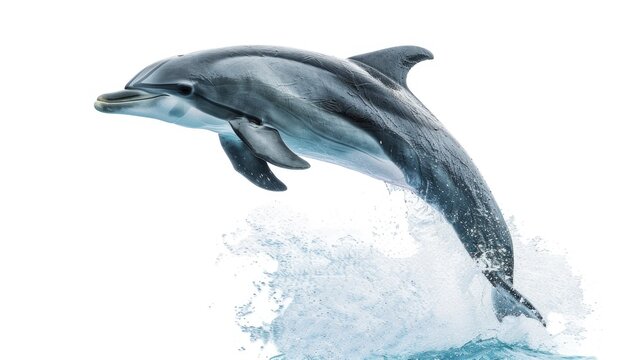 A dolphin is captured mid-air as it jumps out of the water. This image can be used to depict the grace and agility of marine animals