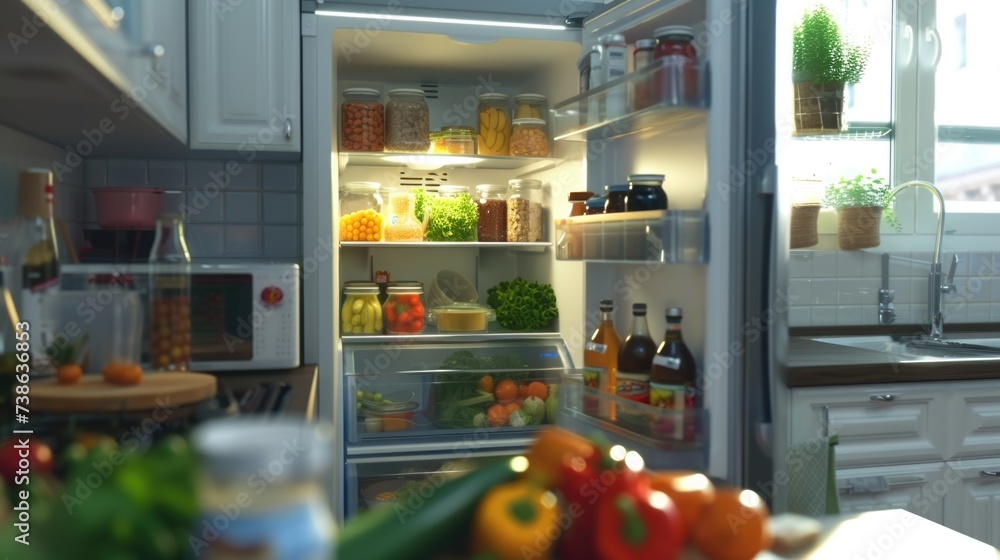 Poster an open refrigerator filled with a variety of food items. this versatile image can be used to depict