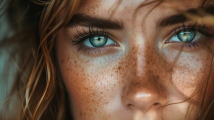 Fototapeta premium Close-up shot of a woman with freckles on her face. Can be used to depict natural beauty or skincare concepts